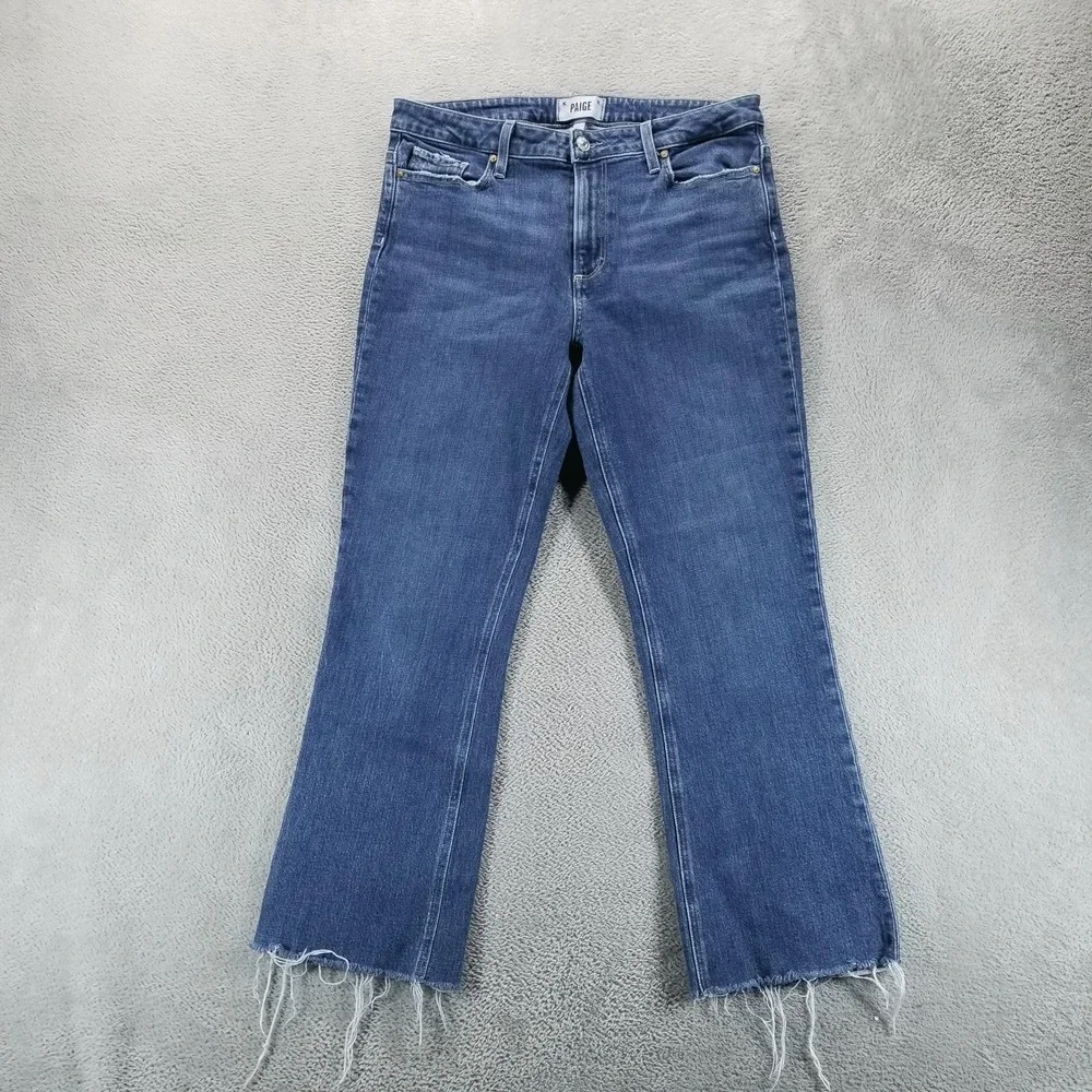 Paige Jeans Womens 30 Blue Colette Crop Flare Mid Rise Raw Fringe Stretch - Picture 1 of 10